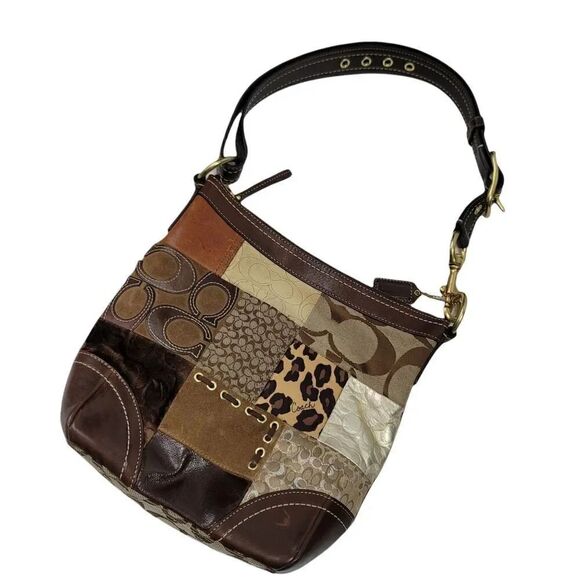 Vintage Coach Animal Print Patchwork Suede, Leather, Canvas & Velvet Hobo Bag - Picture 3 of 14